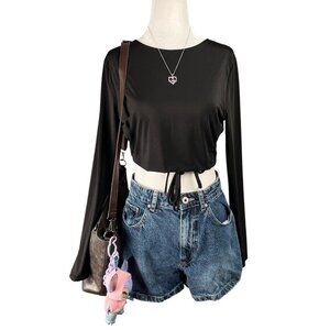 Cotton On Crop Top Women’s Large Black Long Sleeve Waist Tie Wrap Clubwear Y2K